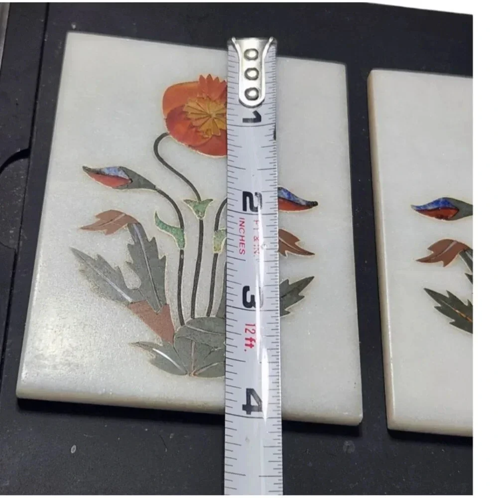 Stone Floral Inlay Coasters‎ Tiles Set of 2